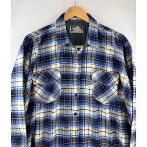 Vtg Arctic Circle Jacket Mens‎ XL Blue Cream Brown Plaid Button Down Shacket